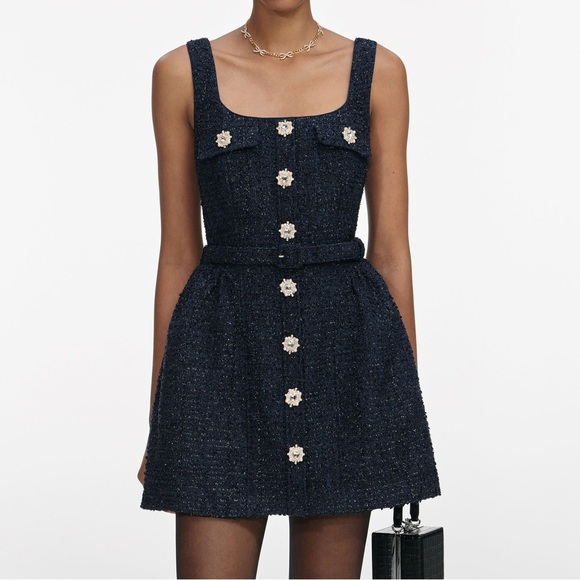 Self-Portrait NWOT NAVY BOUCLE SLEEVELESS MINI DRESS - Picture 2 of 6